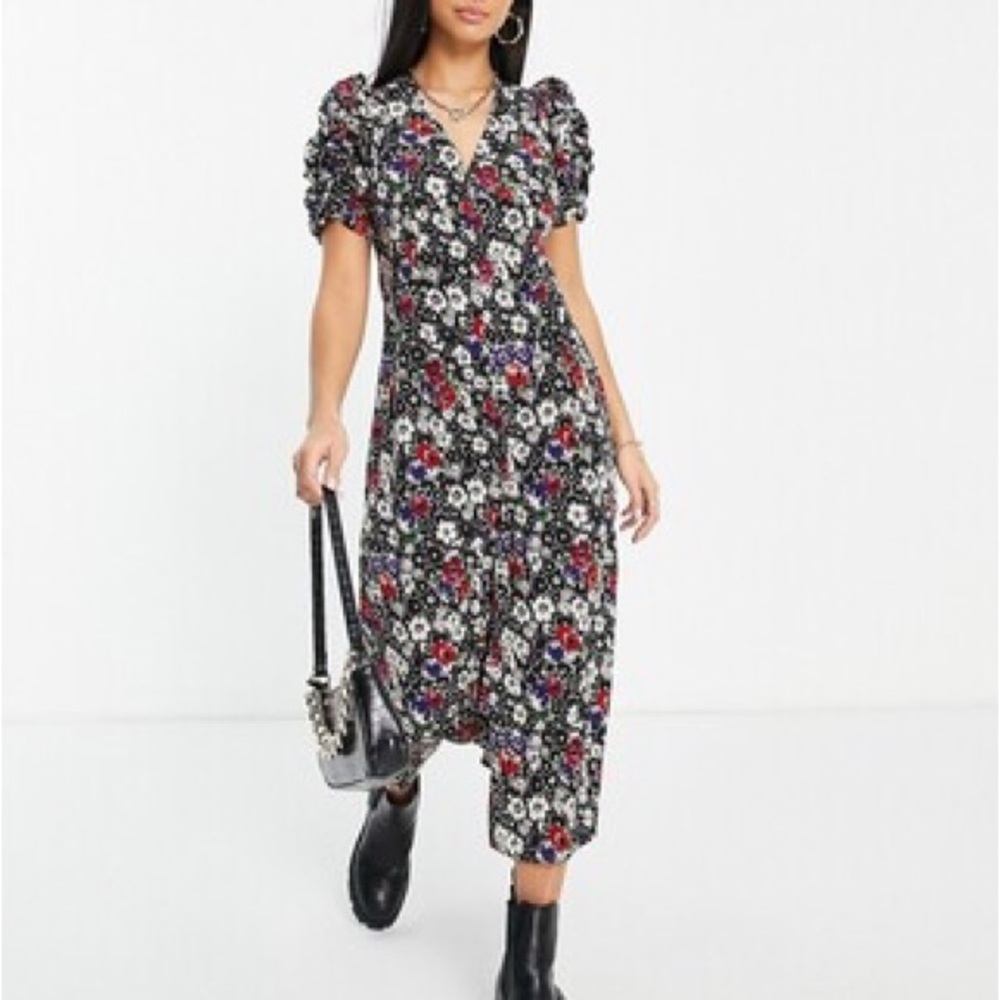 FINAL Topshop Floral Maxi Dress  Puff Shirred Shoulders Sz 14